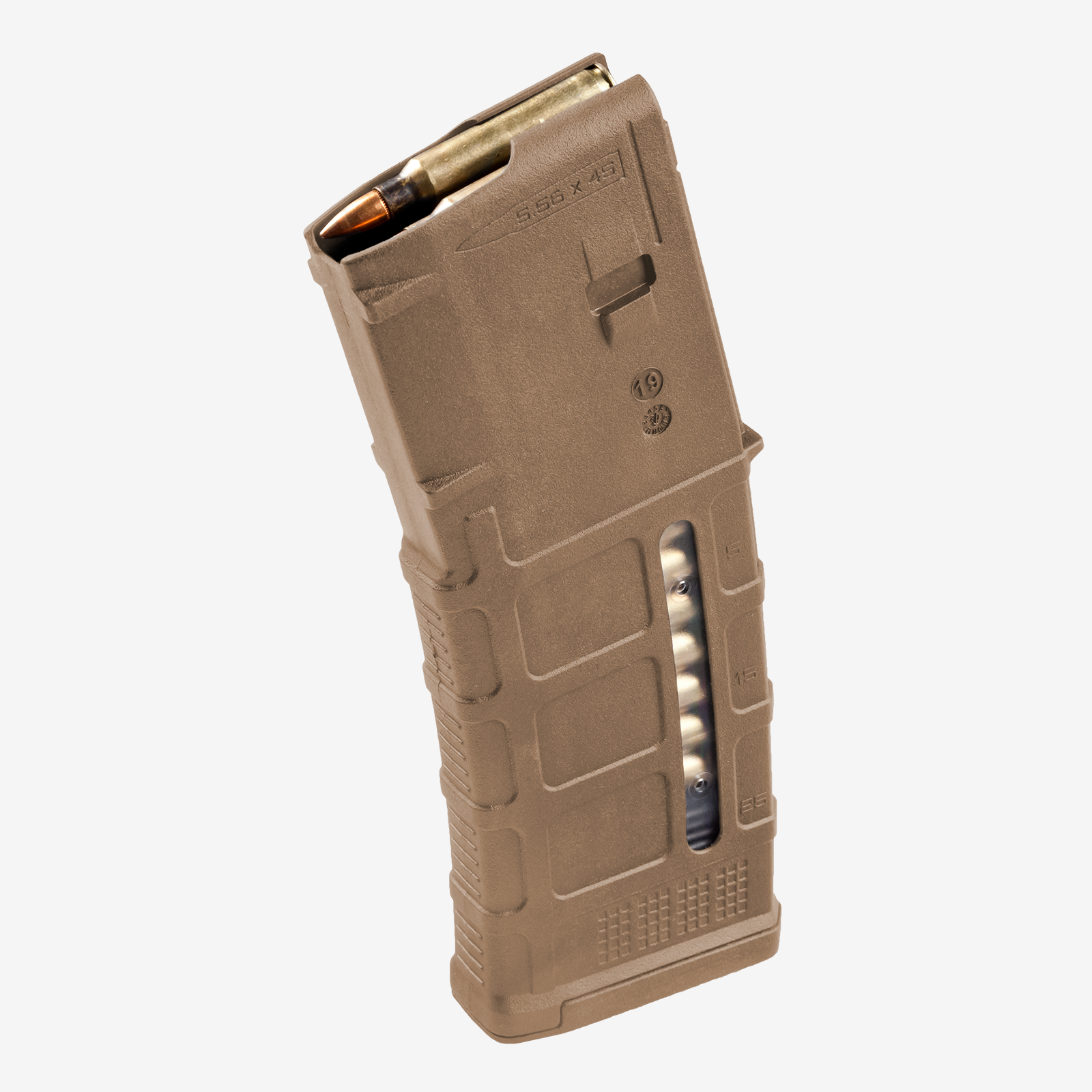 The Magpul 30RD AR15 Tan Windowed GEN3 PMAG rifle magazine holds 30 5.56x45mm NATO or .223 Remington cartridges for use with AR-15 and M4 rifles.