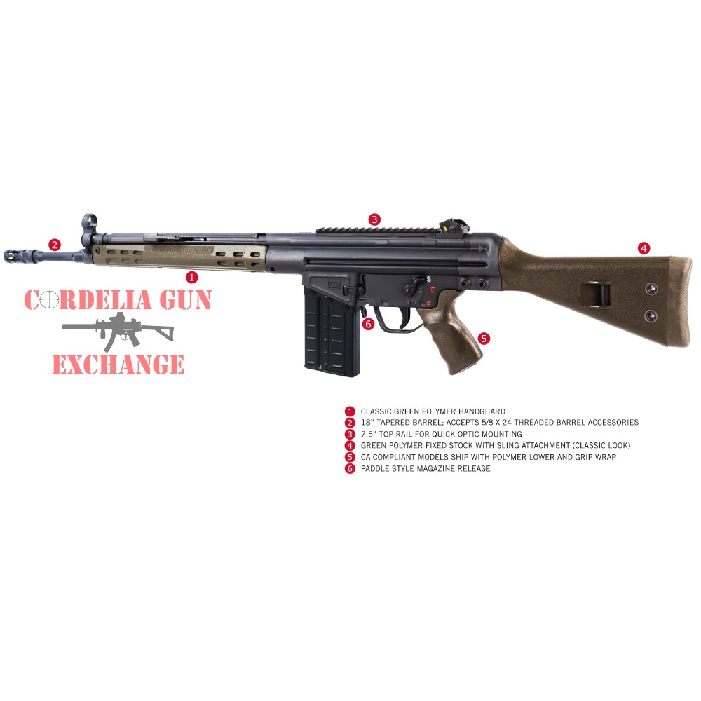 The PTR Industries PTR-400 HKG3 308WIN Rifle with GIR roller-lock bolt, .308WIN 7.62x51mm NATO, 18″ tapered barrel and fixed stock for California features a Parkerized finish, classic green furniture, 10/20 magazine and a clasic "SEF" steel lower.