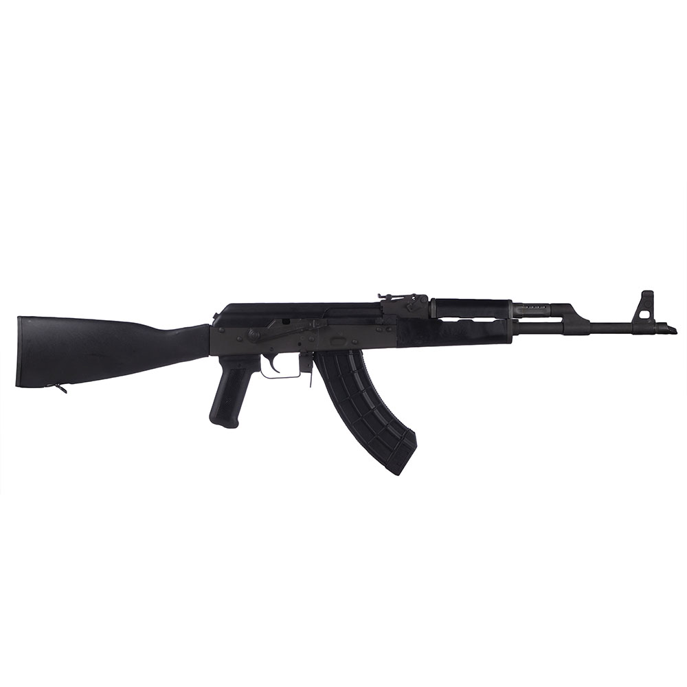 California legal Century Arms VSKA black poly AK47 style 7.62x39 rifle. The CA legal Century Arms VSKA is fitted with a Strike Industries AK fin grip to make it a featureless rifle.