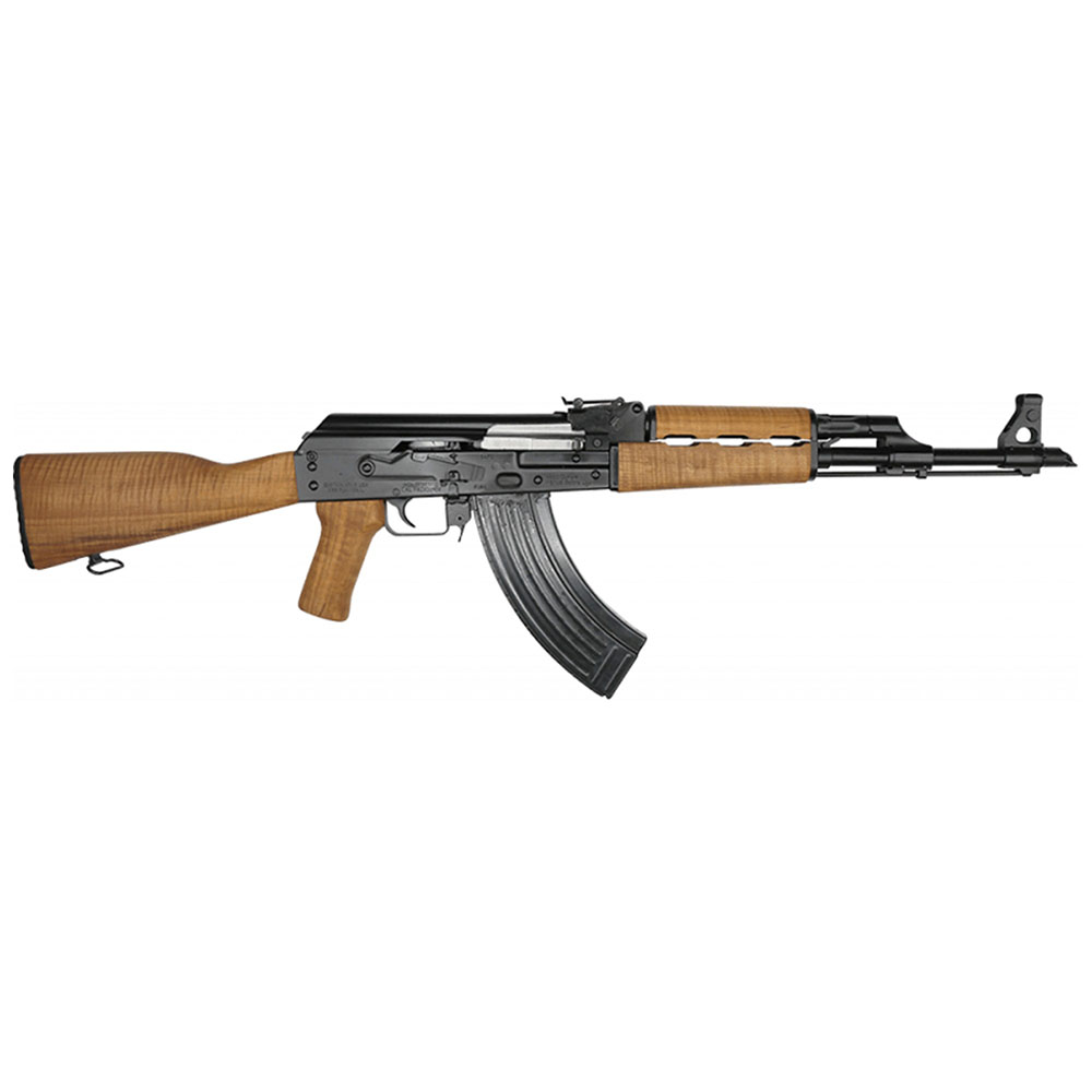 California legal Zastava Arms ZPAP M70 AK47 maple 7.62x39 rifle. The new 1.5mm bulged trunnion & chrome lined barrel ZPAP! The CA legal ZPAP M70 AK-47 is fitted with a Strike Industries AK fin grip to make it a featureless rifle.