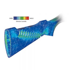 The path of recoil through a gun stock was showen to Benelli engineers through computer simulation. Minimum stress is seen in blue areas. The ComforTech® stock was computer designed so that even the exterior shell flexes to dampen recoil.