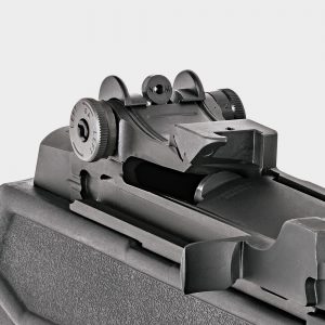 The match grade non-hooded rear sight features 1 M.O.A. elevation increments, ½ M.O.A. windage adjustments, and a small 0.0520 inch aperture.