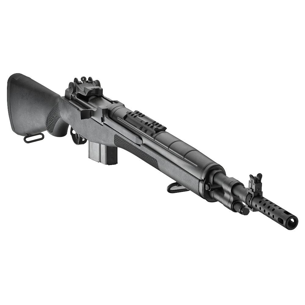 The short, handy dimensions of the Springfield Armory M1A Scout Squad Black Rifle will never get in the way of your big plans. From the aperture-style rear sight (adjustable for windage and elevation) to the two-stage military trigger, the Scout Squad™ takes the M1A™ design and adds a forward mount scope for the added versatility of extended eye relief optics, and Its barrel is shortened to 18 inches.