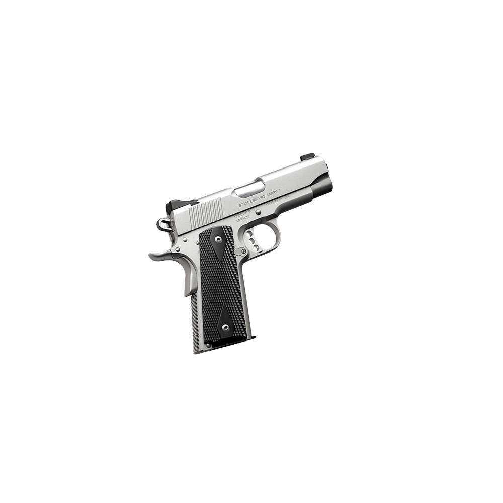The California compliant Kimber Stainless Pro Carry II 45ACP 1911 pistol is an ideal choice for concealed carry, personal defense or general use. The Pro Carry II has near-perfect balance by combining a full-length grip with a 4-inch match grade carbon steel barrel.