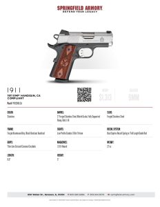 West Coast shooters can purchase the California compliant version of the 1911 Enhanced Micro Pistol (EMP) that Springfield Armory offers. Sized down for the 9mm cartridge, this compact concealed carry 1911 pistol features a flared and lowered ejection port for reliability. The 1911 EMP has extended ambidextrous thumb safety levers and negates hammer bite with an extended beavertail. The fully supported 3" match grade stainless steel bull barrel shoots well beyond its diminutive dimensions, and the stainless slide requires minimal maintenance.