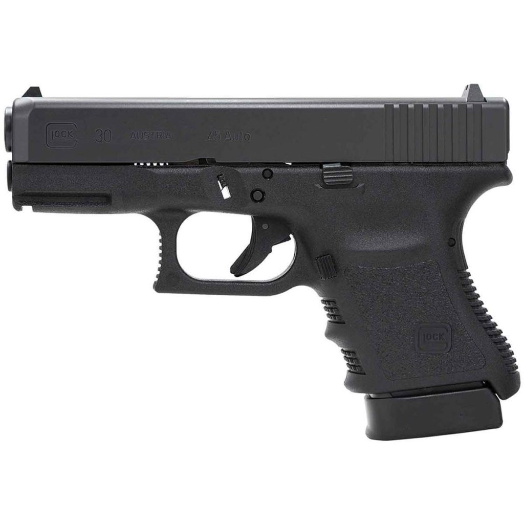 The CA compliant Glock 30SF BLK was requested by the United States Police force in order to have a firearm capable of firing the 45ACP but still have the smaller compact size!