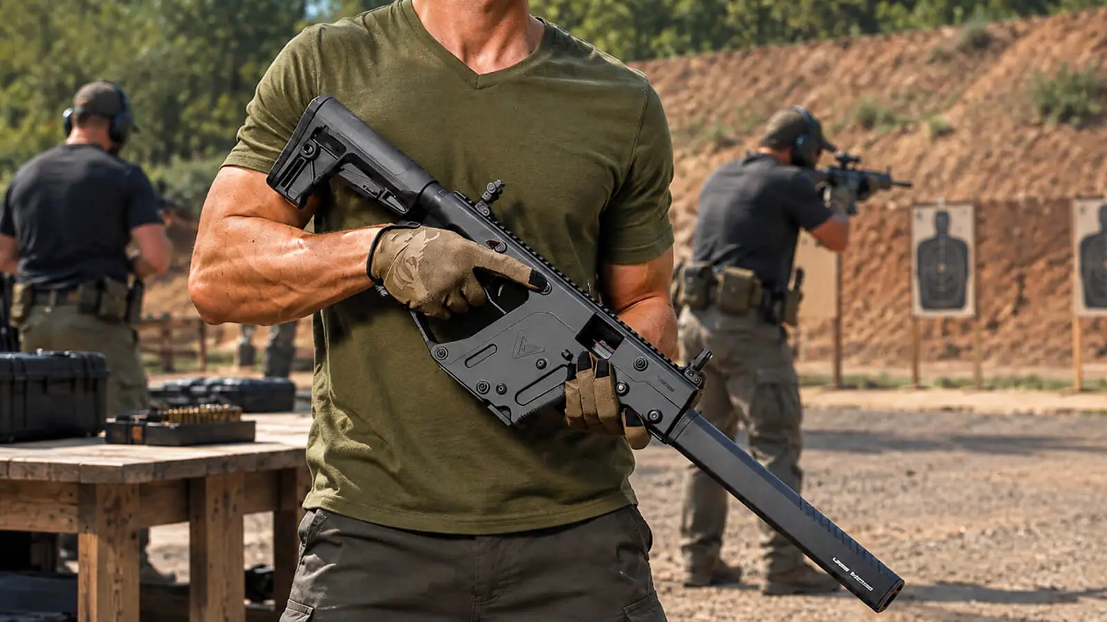 Men at a shooting range during target practice.